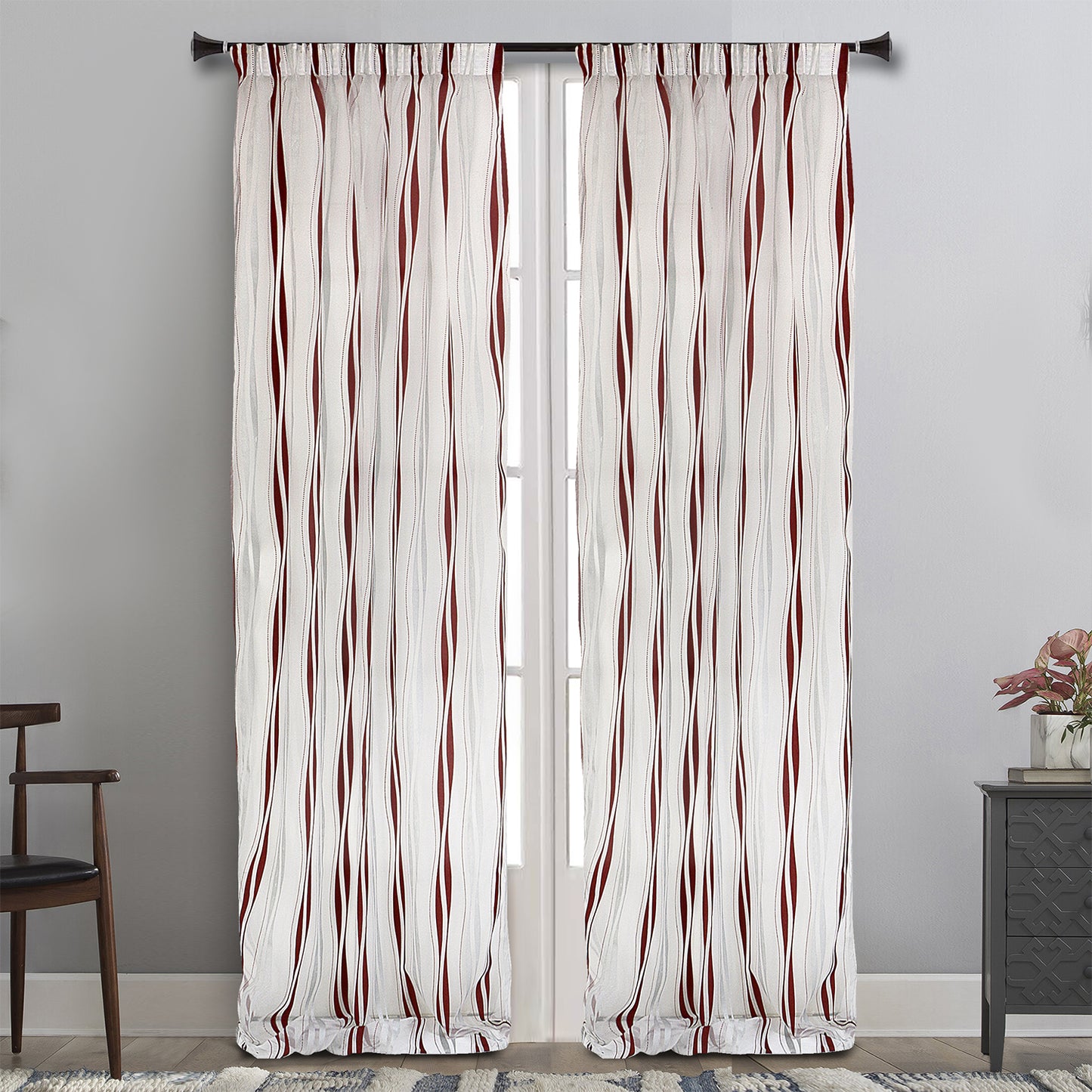 MAISON BLANCHE READY-MADE CURTAIN 145X280 ROSÉ ORGANZA STRIPE BURGUNDY VISC.75%-POL.25%